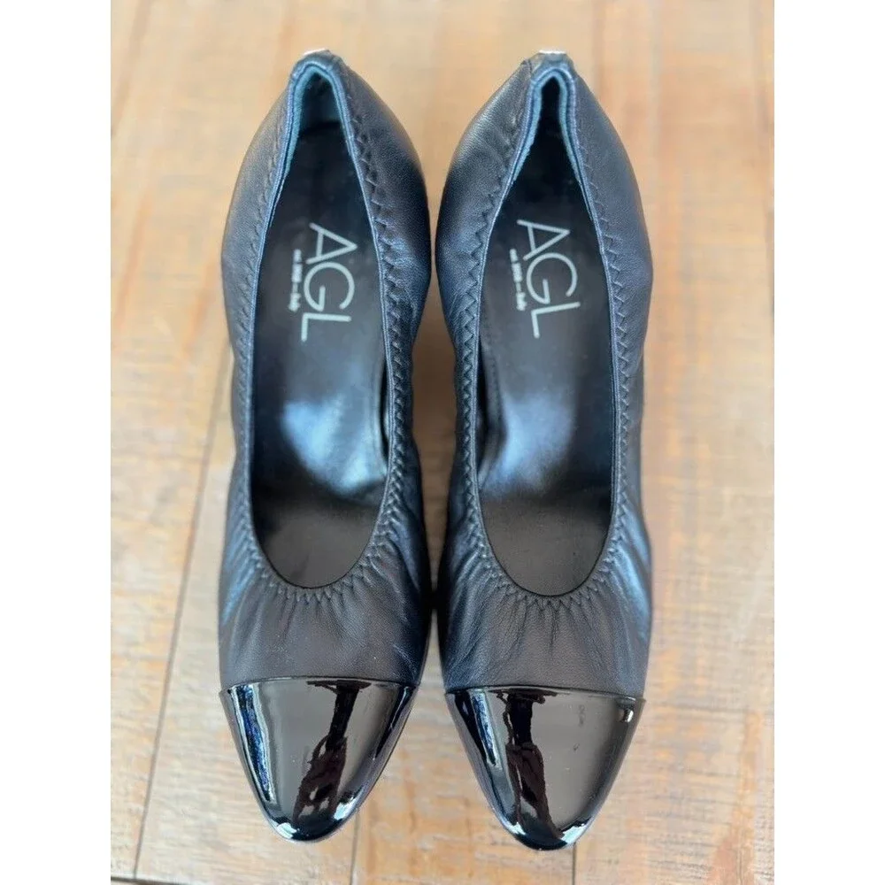 AGL Attilio Giusti Leombruni Black Leather Patent Cap Toe Block Heel EU 39 US 8